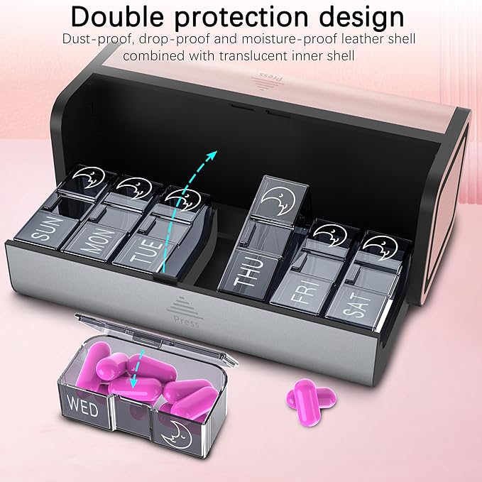 Pill Organizer 7 Day AM PM, Discreet 2 Times a Day Weekly Pill Box with Double Protection Shell, Large Capacity Portable Vitamin Case for Travel Meds & Medicine Organizer (Silver and Pink)