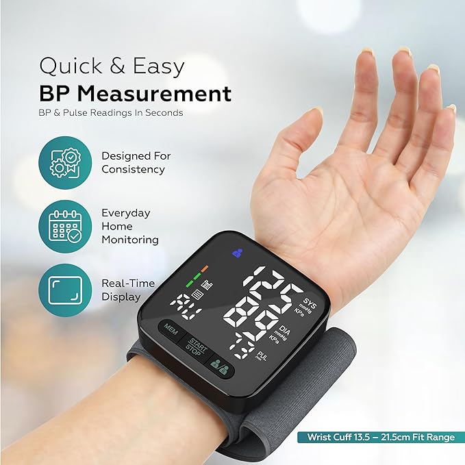 Wrist Blood Pressure Monitor for Home Use – FDA 510(k) Cleared Class II Medical Device, Digital Wrist Cuff 13.5–21.5 cm, Large 2.9" LED, Dual User, Travel Case (U60AH)