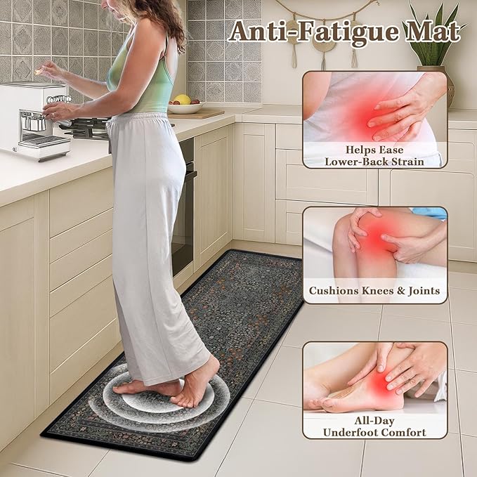 Arttown Kitchen Mats for Floor 2Pcs-Anti Fatigue Non Slip Mats for Kitchen Floor, Cushioned Waterproof & Stain-Resistant Plant Floral Mat Set, Laundry Room, Office, Sink, Desk (Dark Black)