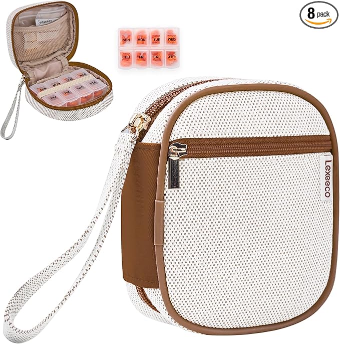 Weekly Travel Pill Organizer Pill Case for Purse with Removable 7 Day Pill Box Holder,Cute Medication Organizer Pill Container for Medicine, Vitamin, Fish Oils,Supplement(Brown, Small)