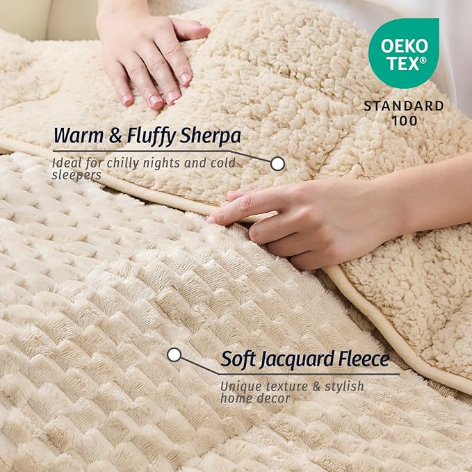 Wemore Fleece Weighted Blanket for Adults (60" x 80" 15lbs, Khaki), Dual Sided Cozy Soft Sherpa Heavy Blanket, 3D Imitation Turtle Shell Warm Jacquard Flannel Weighted Blankets for Couch and Bed
