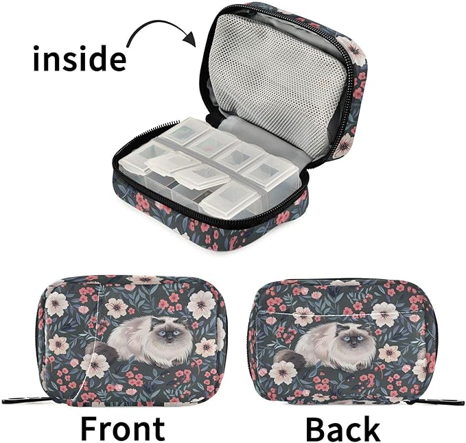 Fustylead Fluffy Cute Birman Cat and Blooming Flower Pill Organizer and Storage Weekly with Zipper, Removable Pill Box Portable Medicine Organizer for Vitamin Fish Oil Supplement