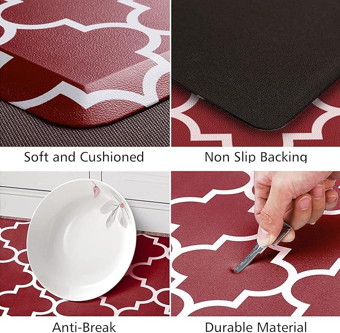 KMAT Kitchen Mat [2 PCS] 0.47inch Cushioned Anti-Fatigue Kitchen Rug, Waterproof Non-Skid Kitchen Mats and Rugs Heavy Duty PVC Ergonomic Comfort Standing Mat for Kitchen, Floor Home, Office, Sink, Red