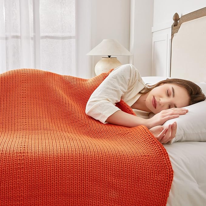 Guohaoi Knitted Weighted Blanket for Adults (Orange 50"x75" 12lbs) No Beads Cooling Throw Blanket for Hot Sleepers, Home Decor Breathable Chunky Knit Heavy Blanket Use on Full Size Bed