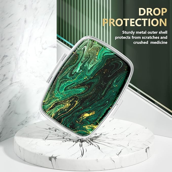 Nipichsha Pill Box, Small Pill Case for Purse & Pocket, Cute Travel Medicine Organizer, Portable Medicine Container Holder to Hold Vitamins, Medication, Fish Oil & Supplement, Green Ocean Marble
