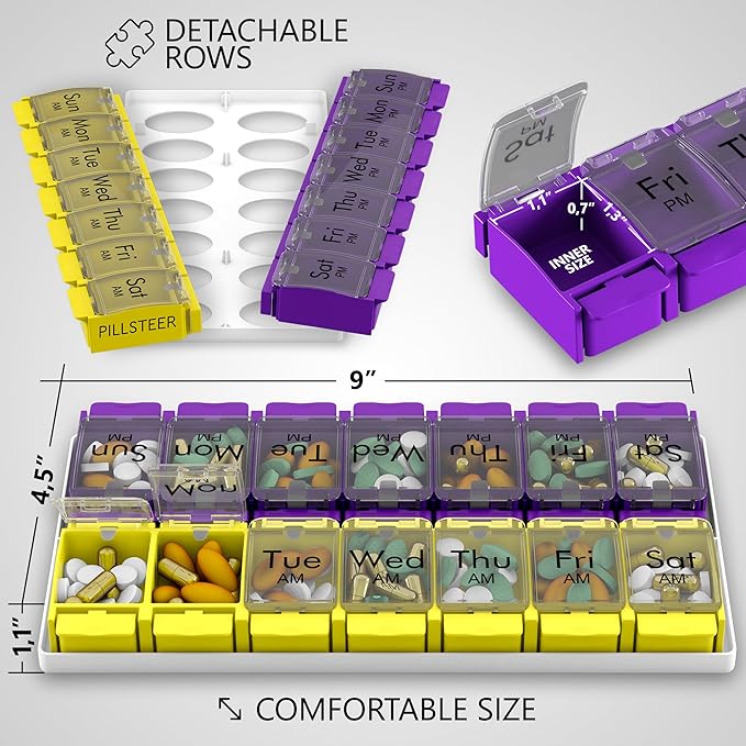Pill Organizer 2 Times a Day - Weekly Medicine Organizer - Vitamin Holder - Big Pill Container Box - Easy Open Large Medication Dispenser Case - Detachable 7 Day AM PM - 14 Compartments