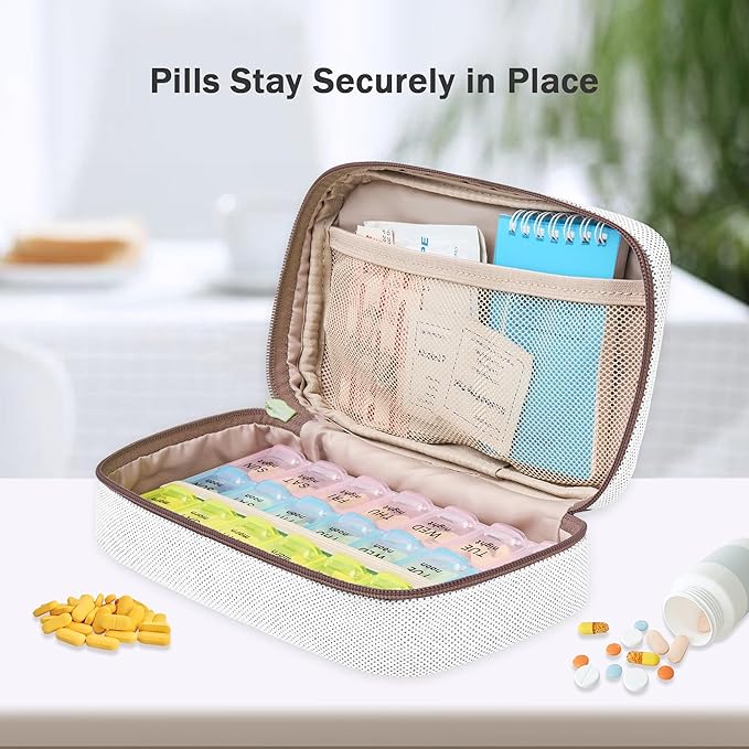 Weekly Travel Pill Organizer Pill Case for Purse with Removable 7 Day Pill Box Holder,Cute Medication Organizer Pill Container for Medicine, Vitamin, Fish Oils,Supplement(Brown, Small)