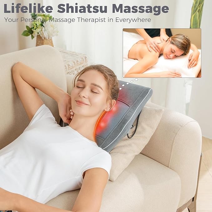 Brelley Shiatsu Neck and Back Massager with Heat, Deep Tissue Kneading Massage Pillow, Electric Massagers with Bi-Directional Rotating Head for Neck, Back, Shoulders, and Legs