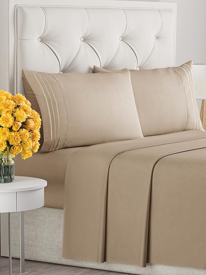 Full Size 4 Piece Sheet Set - Extra Soft, Breathable & Cooling - Hotel Luxury Durable Bed Sheets for Women & Men - Deep Pockets, Easy-Fit & Wrinkle-Free - Light Caramel Oeko-Tex