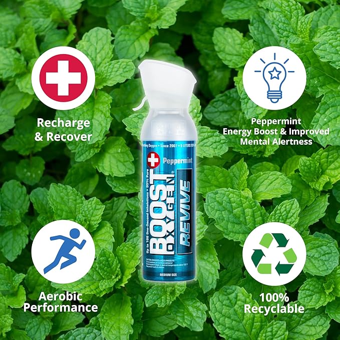 Boost Oxygen Medium Revive Peppermint Aroma 5L Canister | Respiratory Support for Aerobic Recovery, Altitude, Performance & Health (6 Pack)