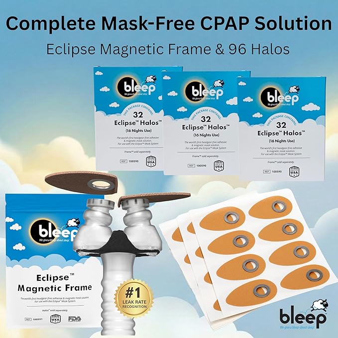 Bleep Eclipse Magnetic Frame & 96 Halos - Maskless C PAP Nose Mask for Sleep Apnea CPAP Machine - MagSeal Ports for Eclipse Frame, BPA, Corn & Headgear-Free - CPAP Accessories Supplies - 48-Day Supply