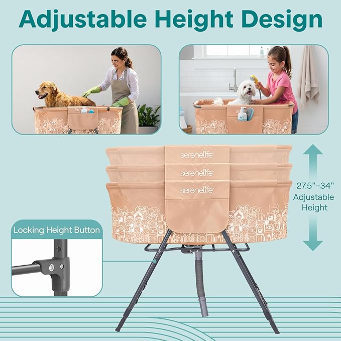 SereneLife Foldable Dog Bath Tub with Adjustable Height, 360° Access, Drain Hose & Storage Pockets – 130 lb Capacity Grooming Station for Indoor/Outdoor Use (Beige)
