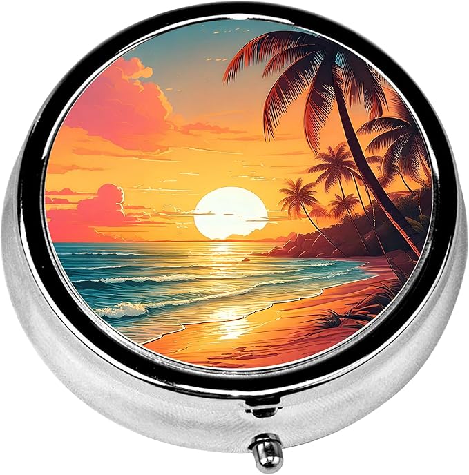 Pill Box, 3 Compartments Small Beach Sunset Pill Case Travel Portable Metal Medicine Box with Mirror Mini Container for Purse Pocket Women Men(Palm Tree)
