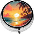 Pill Box, 3 Compartments Small Beach Sunset Pill Case Travel Portable Metal Medicine Box with Mirror Mini Container for Purse Pocket Women Men(Palm Tree)