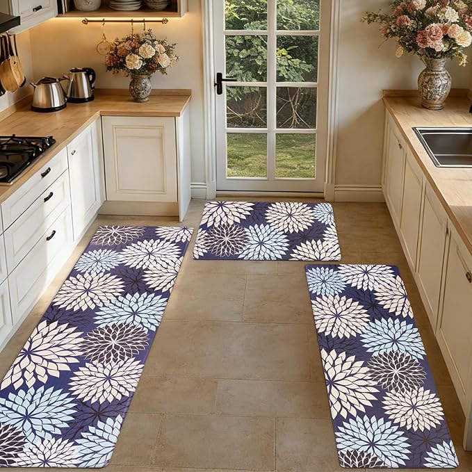 PVC Anti-Fatigue Kitchen Mats Set of 3, Non-Slip Kitchen Rugs, Comfort Standing Runner Rug, Multipurpose Indoor Mats for Laundry, Office, Bedroom, Sink, Bathroom, Dark Blue