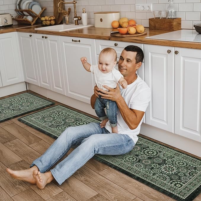 KIMODE Kitchen Mats for Floor Anti Fatigue, Farmhouse Green Kitchen Rugs Sets of 2, Cushioned Kitchen Floor Mats, Comfort Standing Mat for Sink, Laundry, Office, Desk 17"x59"+17"x29"