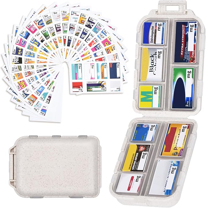 Large Travel Pill Organizer with Medicine Labels, Travel Pill Box Medicine Organizer Daily Pill Container 10 Compartments Pills Case (White, 189 Lables)