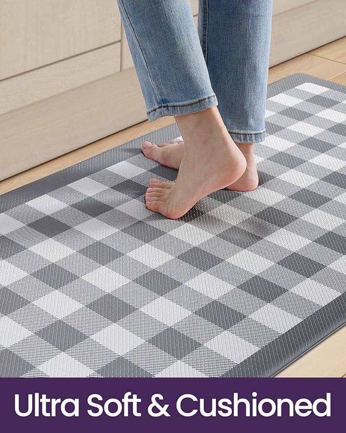 DEXI Kitchen Floor Mats Anti Fatigue, 20x29+20x59 Large Wide Cushioned Runner Rug Memory Foam, Waterproof Comfort Standing Padded Non Skid for Home Office Sink Laundry Grey and White Buffalo Plaid