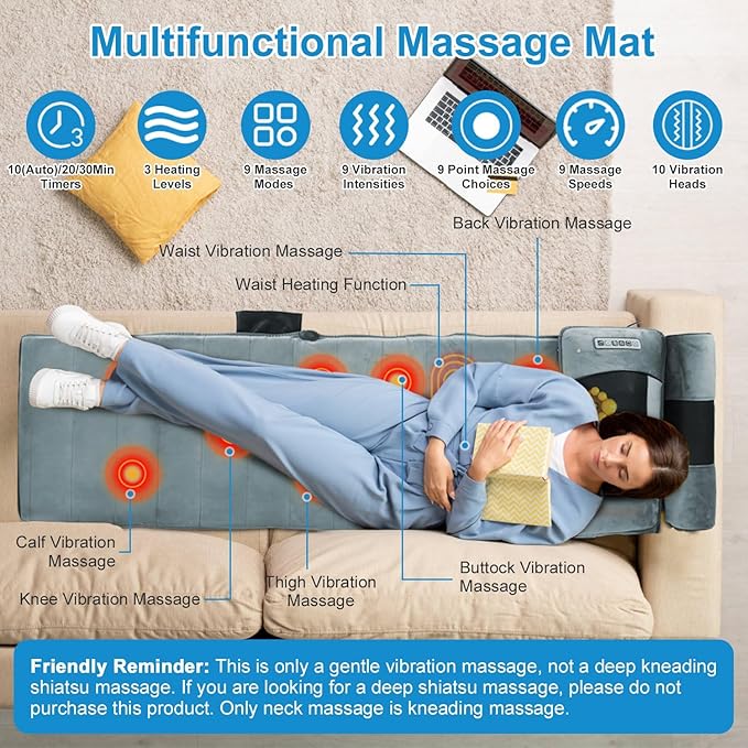 Automatic Heat Vibration Full Body Massage Mat Electric Massage Pad Cushion with 10 Vibration Motors 3 Timers Back Massage Mattress Chair Pad with Neck Massager Lumbar Pillow for Home Office