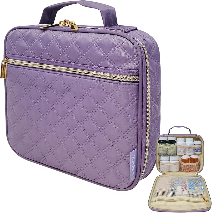 Medium Pill Bottle Organizer, Medicine Bag, Case, Carrier for Medications, Vitamins, and Medical Supplies - Travel Medicine Organizer Home Storage Med Bag - Ultrasonic Purple (Without Lock)