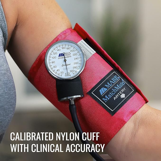 MABIS MatchMates Manual Blood Pressure Monitor Kit Aneroid Sphygmomanometer with Calibrated Nylon Cuff and Oversized Carrying Case, Adult, Red