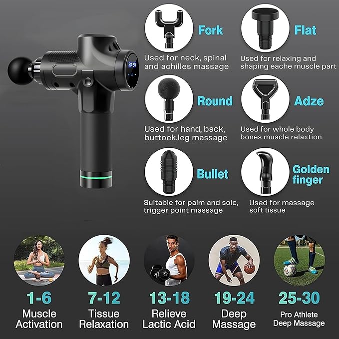 Premium Massage Gun Deep Tissue Muscle Pain Relief Massager with 6 Head Attachments | Portable Handheld Massage Gun, LCD Touch Screen, 30 Speed Levels for Neck, Back & Whole Body (Black)