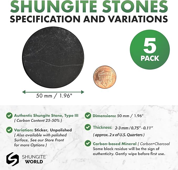 5 pcs Authentic Shungite Stickers Unpolished 50 mm / 1.96" Genuine Healing Energy Stone Protection Plate for Cell Phone Case Tablet Laptop Computer Noble Gemstone Protector Crystal