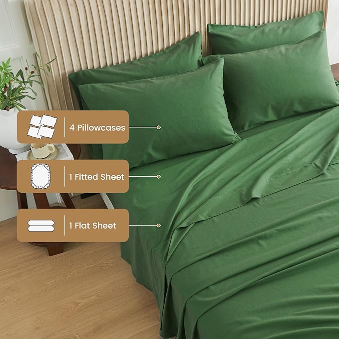 Simple&Opulence Belgian Linen Sheet Set Solid Color - 6 Pieces (1 Flat Sheet & 1 Fitted Sheet & 4 Pillowcases) 16" Deep Pocket Natural Flax Cotton Blended Soft Bedding - Forest Green, King Size