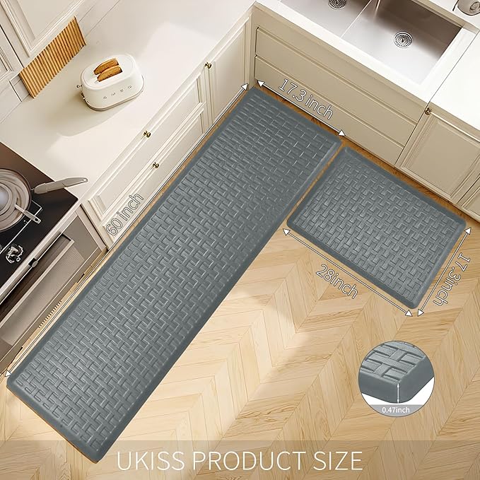 2PCS UKISS Kitchen Rugs, Cushioned Anti Fatigue Kitchen Mats for Floor, Waterproof Kitchen Rug，Non-Slip Comfort Standing Mat for Kitchen (Grey, 17.3"x28"+17.3"x60")