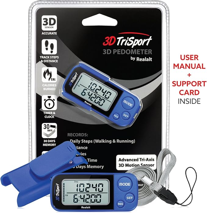 Realalt 3DTriSport 3D Walking Pedometer with Clip & Strap, Accurate Step Counter with 30-Day Memory, Distance in Miles/KM with Large Display Perfect for Seniors & Beginners, eBook Included