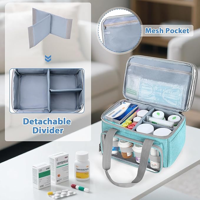 LUXJA Double-Layer Medicine Bag with Transparent Compartment, Pill Bottle Organizer with Detachable Divider (Suitable as a Home or Travel Medicine Bag), Blue