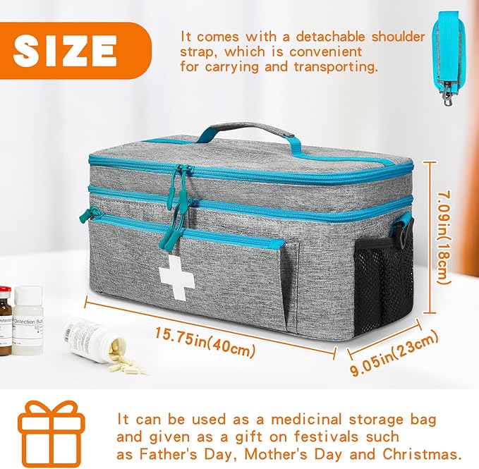 Boczif First Aid Kit, First Aid Storage Carry Bag, Pill Bottle Organizer for Emergency Trauma Medical Kits Supplies Waterproof, Ideal for Home, Travel, Outdoor, Camping (Grey with shoulder strap)