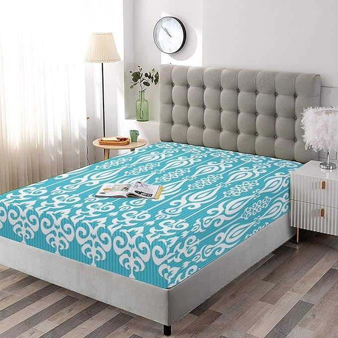 XISUNYA Decorative Bedding Sheet Set Full Size, Aqua Fitted Sheet & 2 Pillowcases Set(No Flat Sheet), Oriental Victorian Ancient Style Round Floral Swirls Borders Print Microfiber 3pc Bed Sheets Set