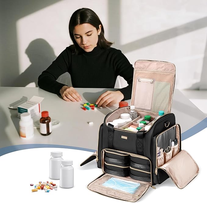 Rolling Medicine Bag for Travel, Large Pill Bottle Storage Bag on Wheels with 4 Cases and Detachable Trolley, Black