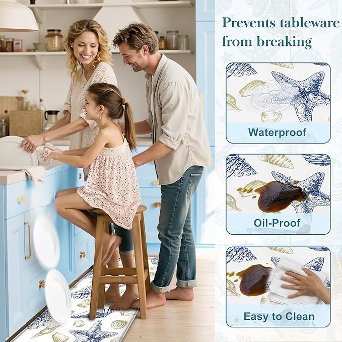 Kitchen Mats for Floor Cushioned Anti Fatigue Sets of 2 Beach Theme Kitchen Rugs Non Slip Waterproof Coastal Foam Kitchen Floor Rug Nautical Seashell Comfort Standing Mat for Sink Laundry, Navy