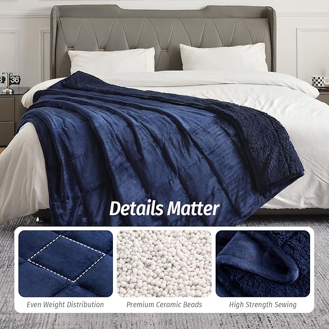 Wemore Sherpa Fleece Weighted Blanket for Adult, 15 lbs Dual Sided Cozy Fluffy Heavy Blanket, Ultra Fuzzy Throw Blanket with Soft Plush Flannel Top, 60 x 80 inches Navy Blue on Both Sides