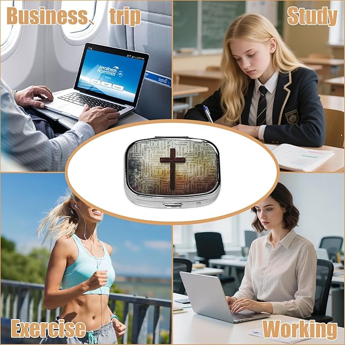 Blessed Pill Box-2 Compartment Small Pill Case Square Organizer Case with Mirror Portable Metal Medicine Box Travel Container for Pocket & Purse Women Men(Jesus Cross)
