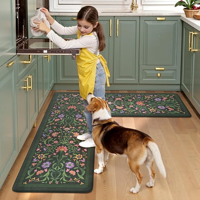 Collive Kitchen Mats for Floor, Cushioned Anti Fatigue Mat Green Floral Rugs 2 Piece Non Skid Waterproof Sink Rug, Memory Foam Comfort Standing Mat for Office, Laundry, Desk, 17.3"x29"+17.3"x47"