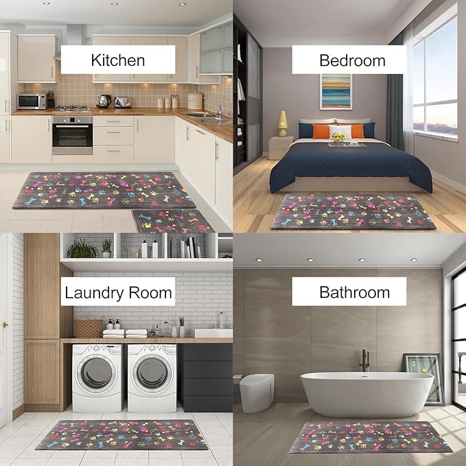 Farmhouse Kitchen Mats Cushioned Anti Fatigue Mats for Kitchen Floor Waterproof Kitchen Mats and Rugs Ergonomic Comfort Standing Mat for Kitchen, Laundry Room, Colorful Dog Paw and Bone(Chocolate)