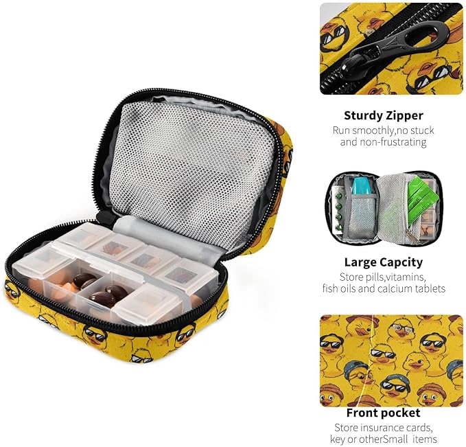 Yellow Duck Portable Pill Case Travel Pill Organizer Cute Cartoon Zipper Pill Box to Hold Vitamins Large Capacity Medicine Bag