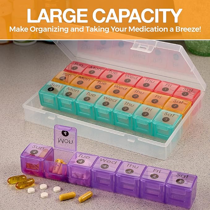 Extra Large Monthly Pill Organizer - 7-Day Color Once-A-Day Pill Dispenser w/ 4 Weekly Pill Containers for 28 Days - BPA-Free Dust-Proof Case XL Medicine Organizer Box for Pills, Tablets, Supplements