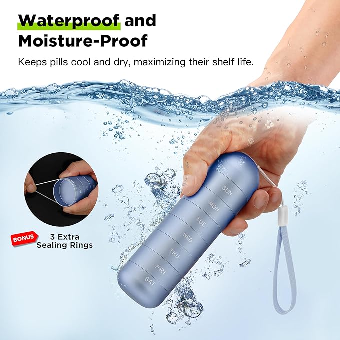 [2 Pack] Zannaki Metal Travel Pill Organizer, Portable Waterproof Weekly Pill Box, Large Aluminum Alloy Pill Case Container, BPA Free 7 Day Daily Medicine Organizer Holder for Vitamin, Supplement