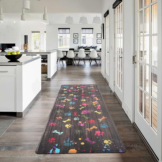Farmhouse Kitchen Mats Cushioned Anti Fatigue Mats for Kitchen Floor Waterproof Kitchen Mats and Rugs Ergonomic Comfort Standing Mat for Kitchen, Laundry Room, Colorful Dog Paw and Bone(Chocolate)