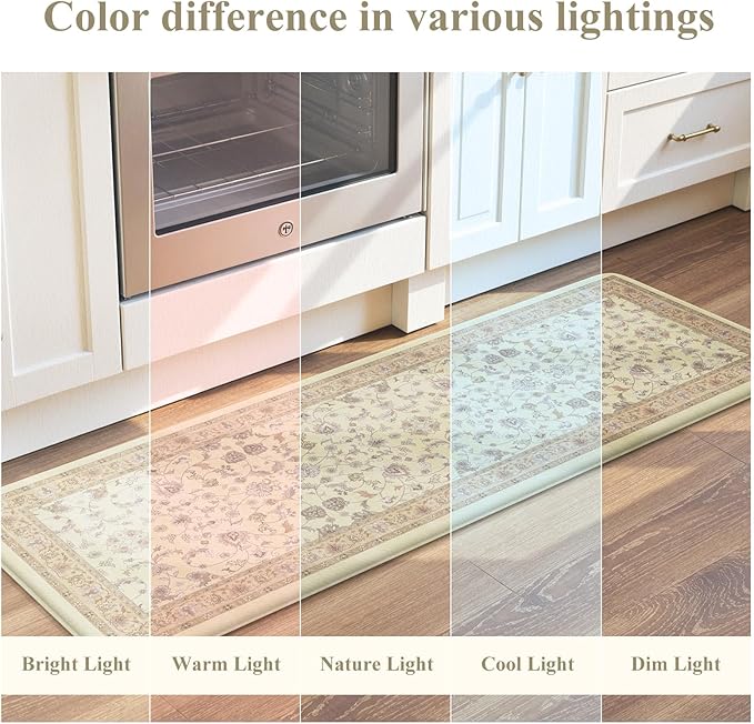 KIMODE Cushioned Padded Kitchen Mats for Floor,Anti Fatigue Memory Foam Kitchen Mat Waterproof,Boho Vintage Kitchen Rugs Sets of 2 Non Slip for Laundry Office Home Decor,Beige