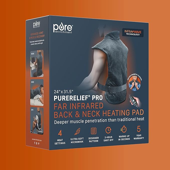Pure Enrichment PureRelief Pro Far Infrared Back & Neck Heating Pad - Deeper Muscle Relief for Back, Neck, & Shoulder Pain in Athletes, 4 Heat Settings, Dry/Moist Heat, 31.5” x 24” (Iron Gray)