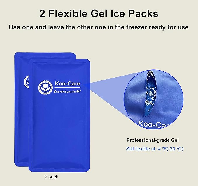 Koo-Care 2 Gel Ice Pack for Injuries Reusable Hot Cold Pack Wrap with Elastic Strap - 11" x 5.9" - Flexible Cold Compress for Head Shoulder Arm Elbow Wrist Back Knee Ankle - Pain Relief for Migraine