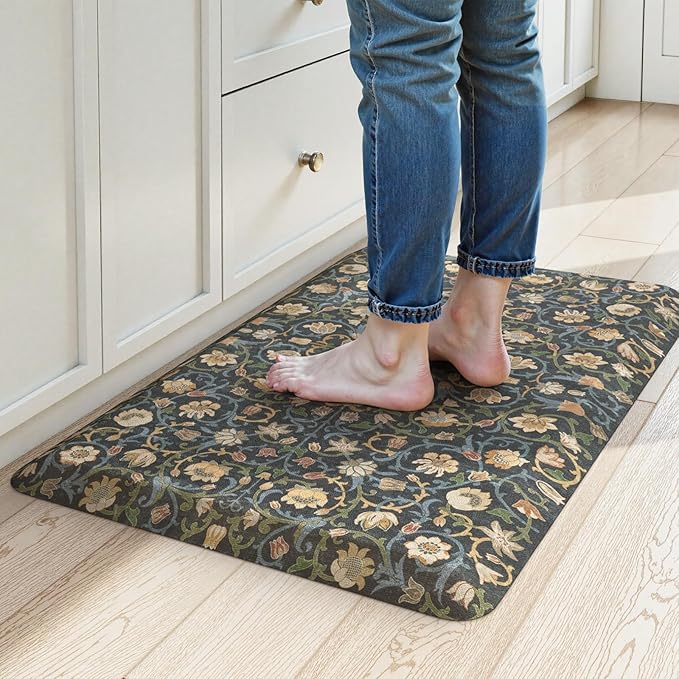 KIMODE Comfort Kitchen Mats for Floor Cushioned Anti Fatigue,Boho Vintage Floral Sink Rug Non Slip for Laundry,Extra Thick Memory Foam Ergonomic Standing Carpet for Office,Dark Green/Blue 32" x 20"
