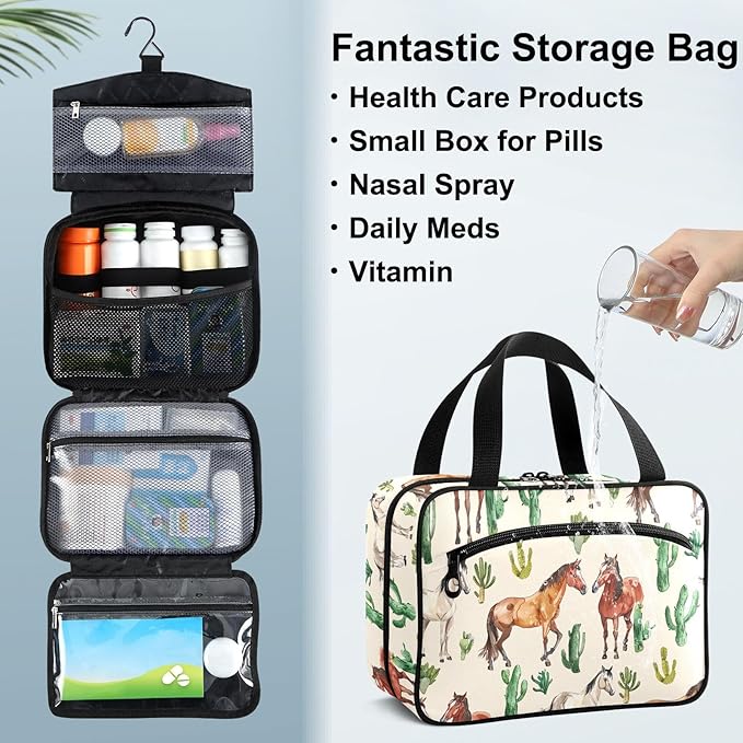 Fustylead Watercolor Hand Draw Horses and Cactus Pill Organizer Bag Large Medicine Travel Carrying Case with Zipper for Vitamin Supplements Fish Oil, Empty First Aid Kit for Hiking Camping