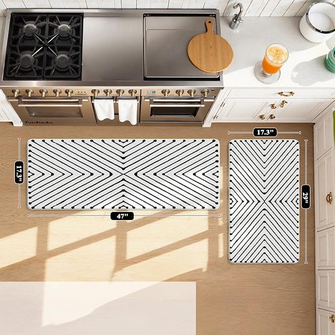 KIMODE Kitchen Mats Cushioned Anti Fatigue, Geometric Kitchen Rugs Sets of 2, Non Slip Waterproof Kitchen Floor Mats, Comfort Standing Mats for Laundry Office Sink Desk 17"x47"+17"x29" Black Diamond