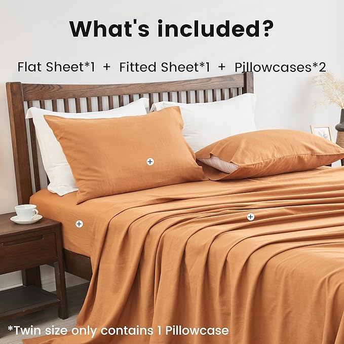 Simple&Opulence Belgian Linen Sheet Set Solid Color - 4 Pieces (1 Flat Sheet, 1 Fitted Sheet & 2 Pillowcases) Natural Flax Cotton Blend Soft Breathable Farmhouse Bedding - Queen Size, Rust